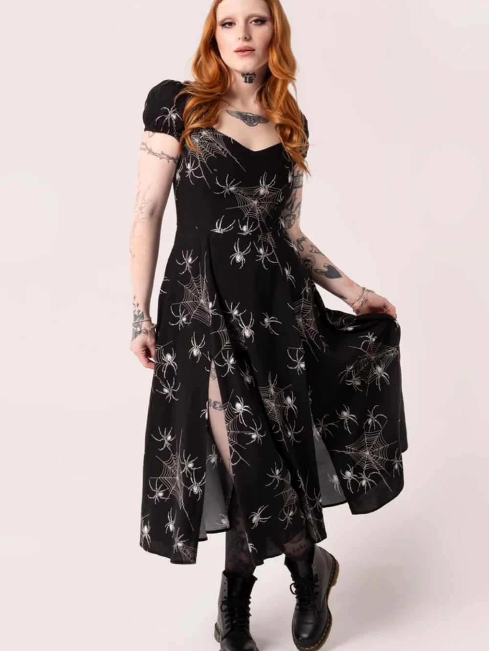 Hell bunny GRUNGY SPIDER DRESS Black Spider Web Midi Dress - Gothic Puff Sleeve
